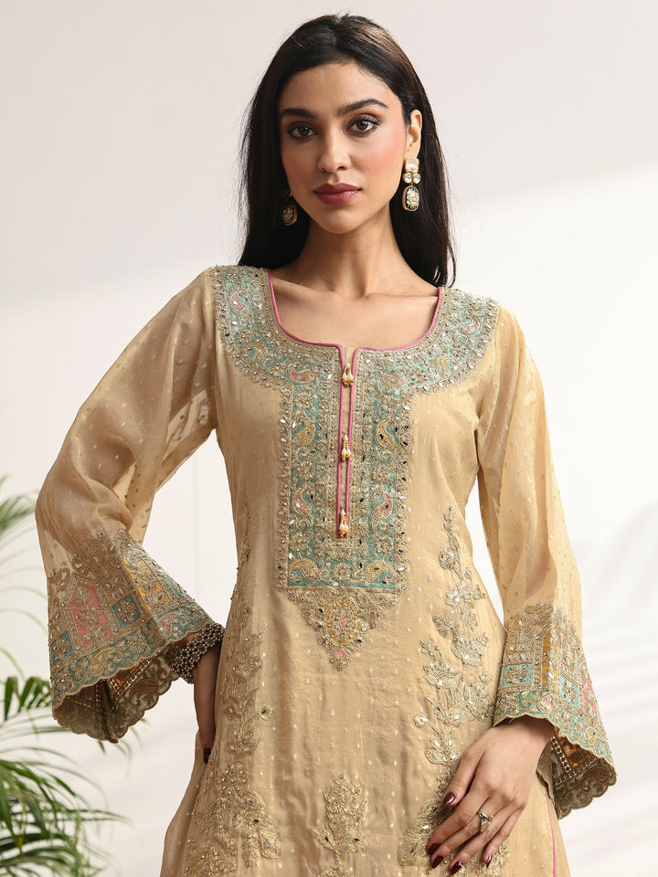 Libas Art Gold Embroidered Silk blend Suit Set With Dupatta