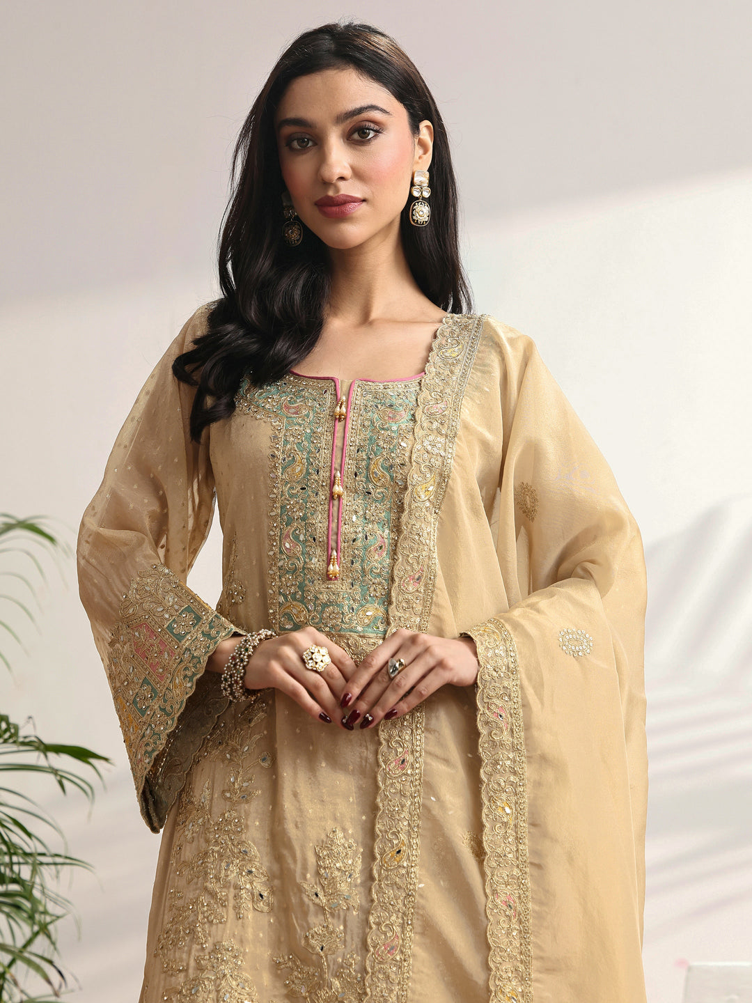 Libas Art Gold Embroidered Silk blend Suit Set With Dupatta