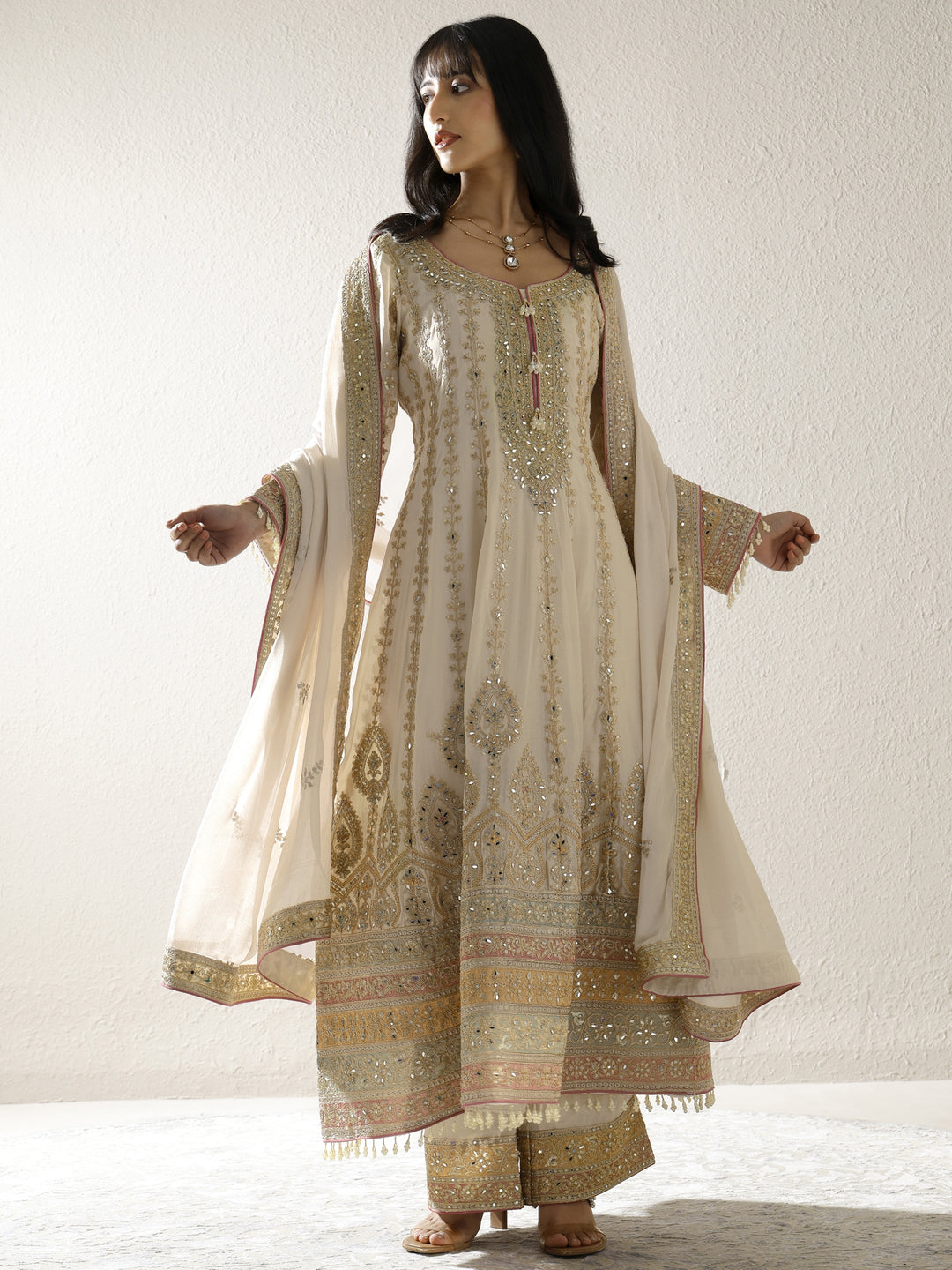 Libas Art Gold Embroidered Chinon Anarkali Suit Set With Dupatta