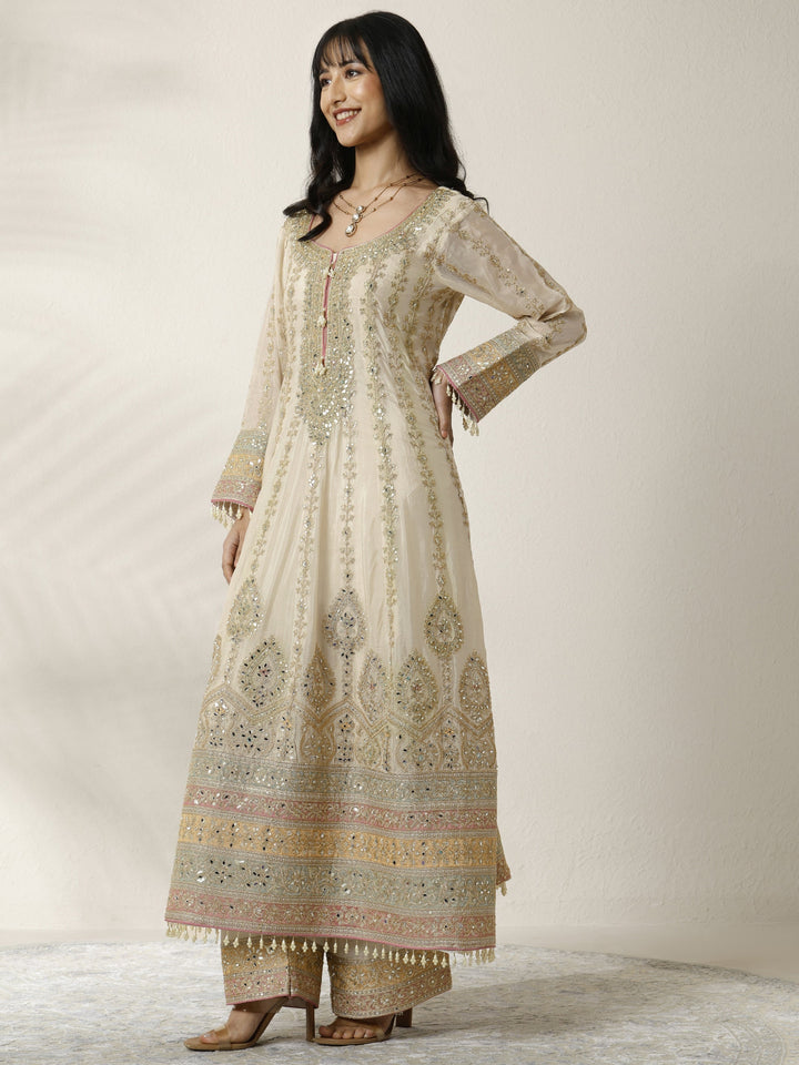 Libas Art Gold Embroidered Chinon Anarkali Suit Set With Dupatta