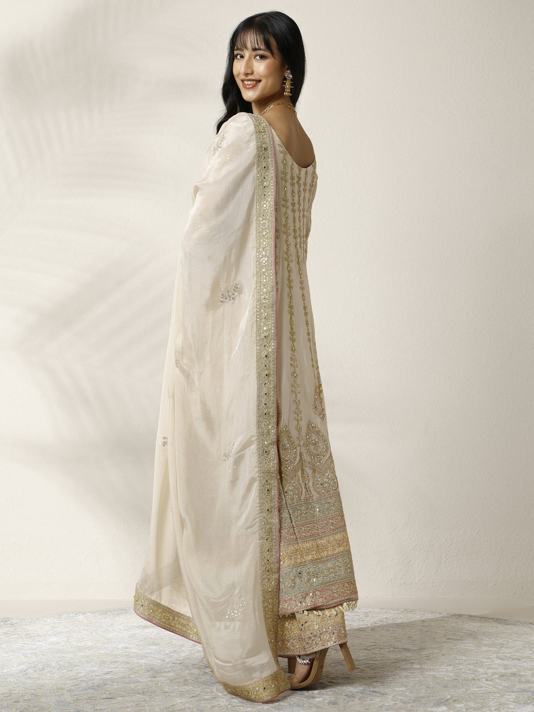 Libas Art Gold Embroidered Chinon Anarkali Suit Set With Dupatta