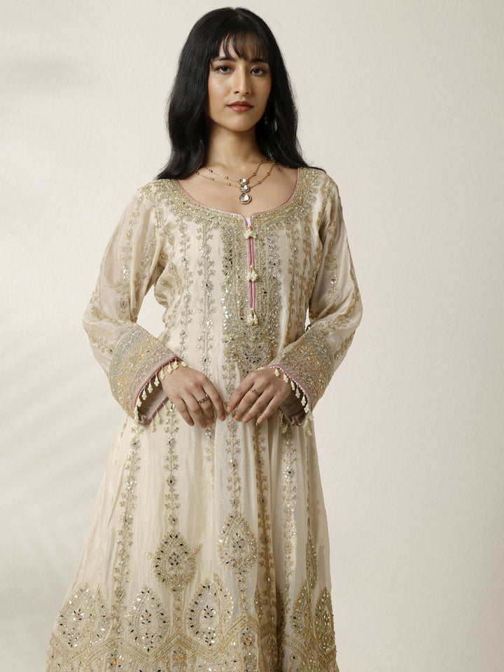 Libas Art Gold Embroidered Chinon Anarkali Suit Set With Dupatta