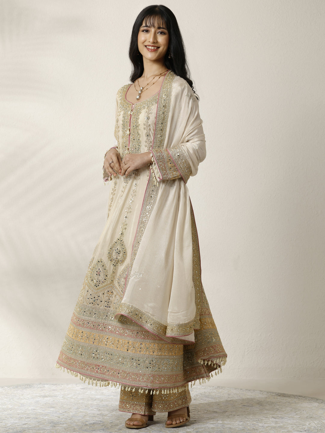 Libas Art Gold Embroidered Chinon Anarkali Suit Set With Dupatta