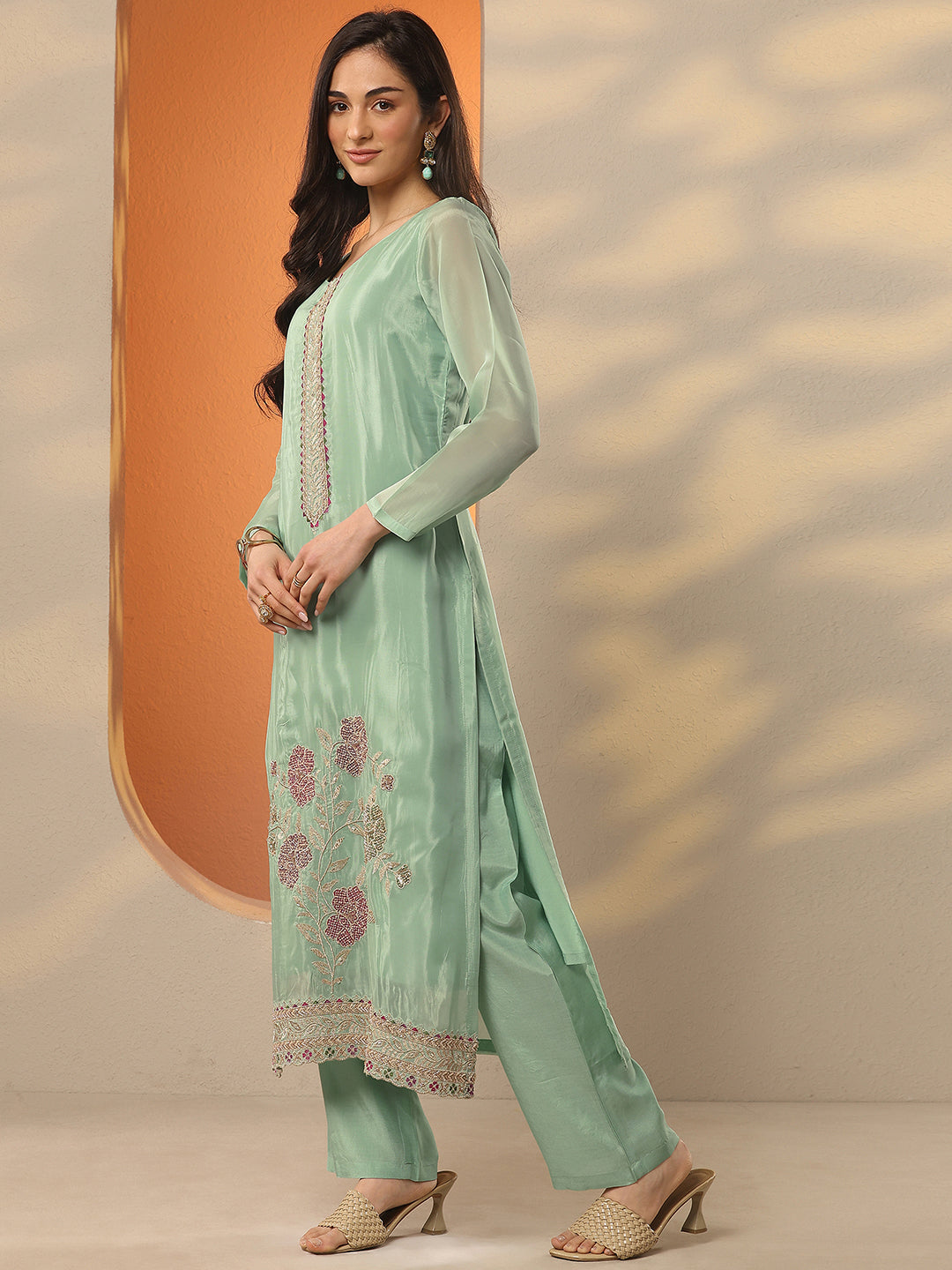 Libas Art Green Embellished Crepe Straight Suit Set With Dupatta