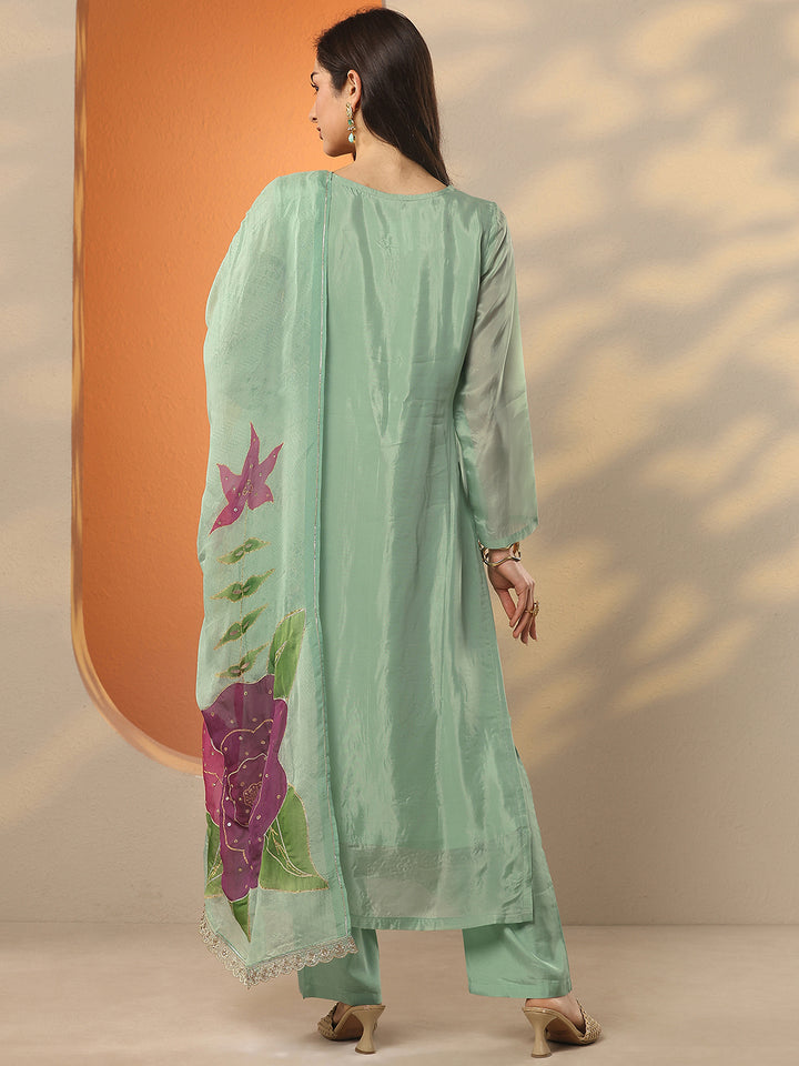 Libas Art Green Embellished Crepe Straight Suit Set With Dupatta