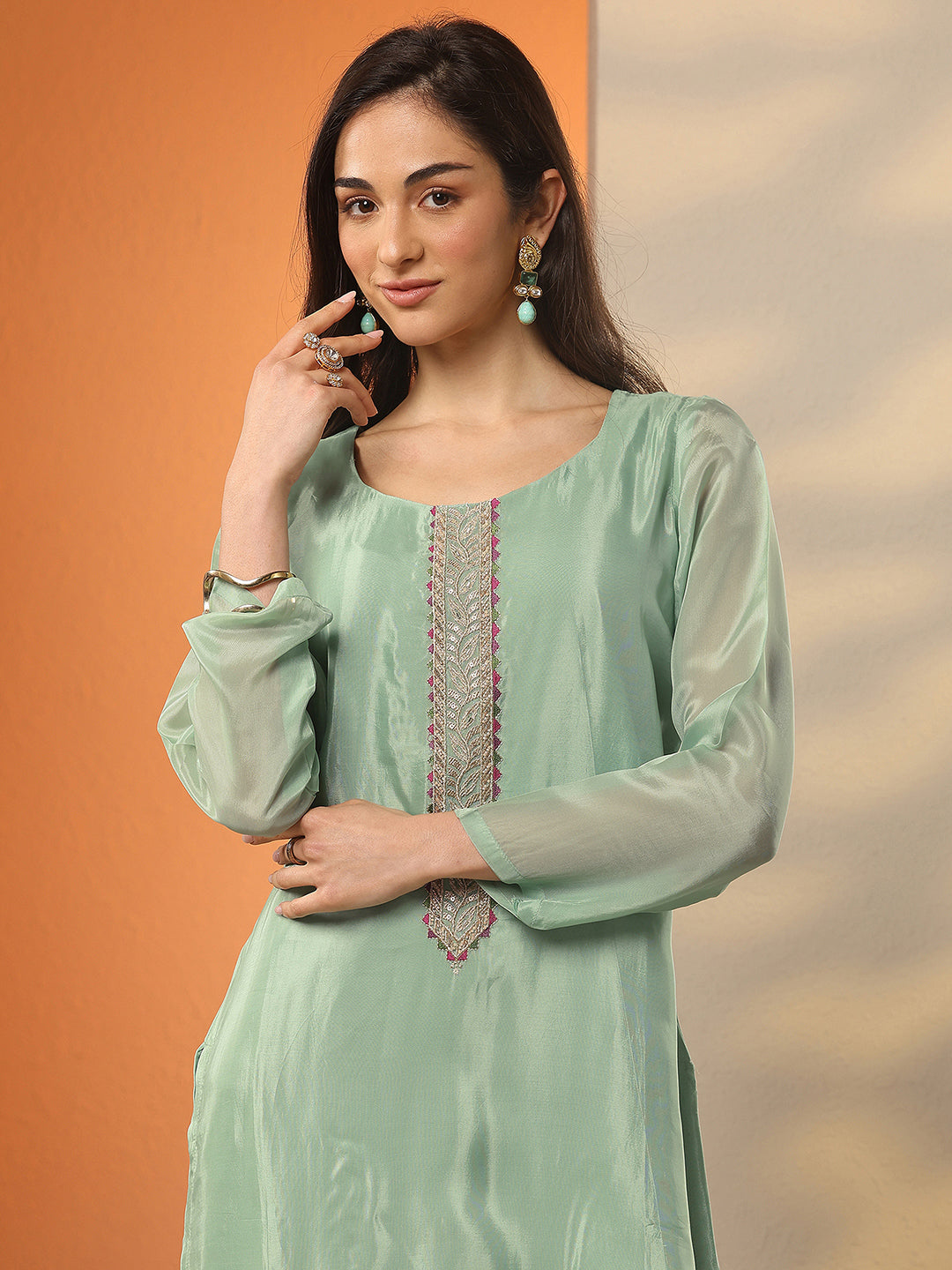 Libas Art Green Embellished Crepe Straight Suit Set With Dupatta