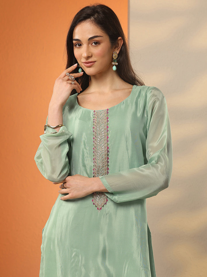 Libas Art Green Embellished Crepe Straight Suit Set With Dupatta