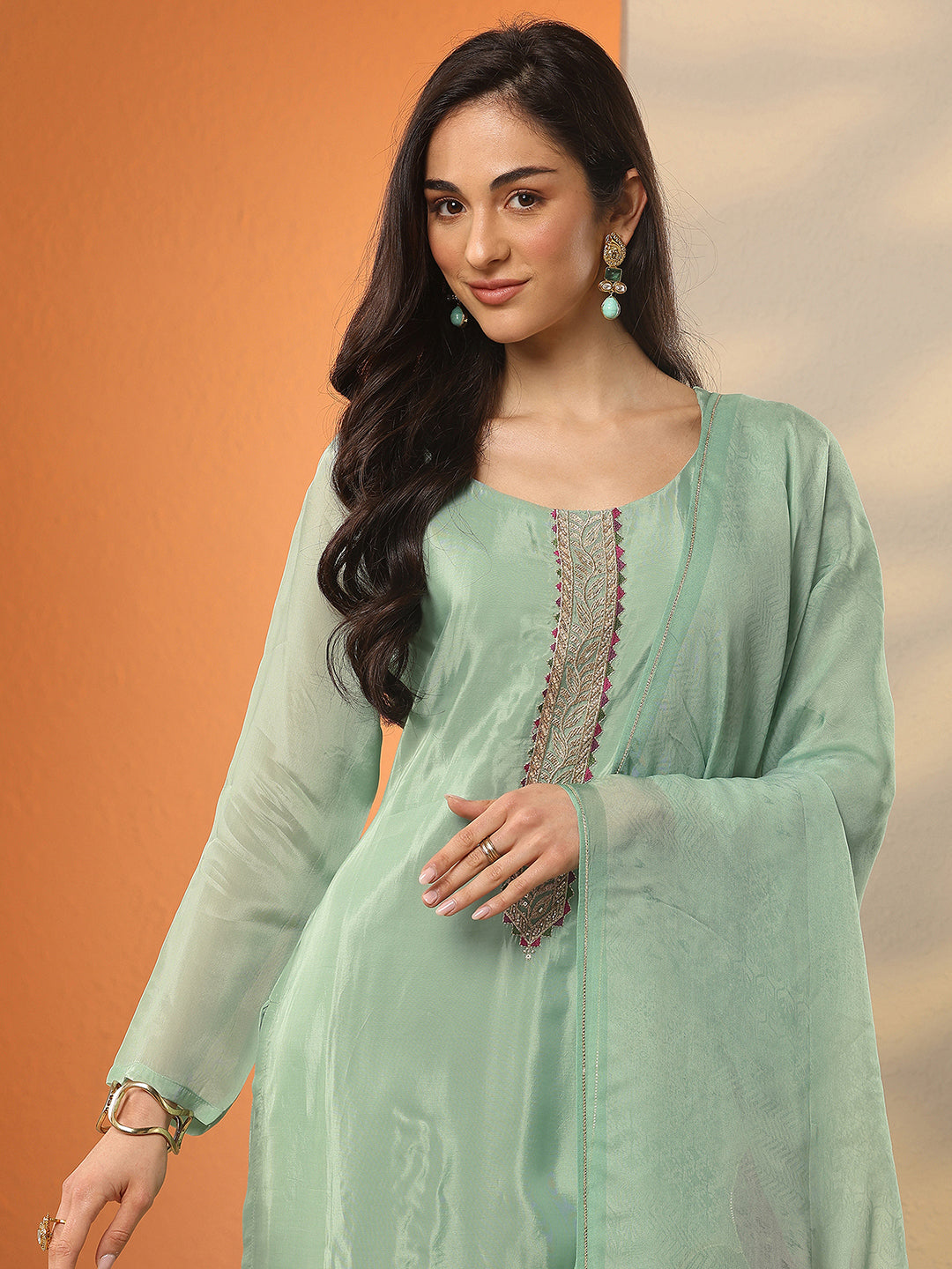 Libas Art Green Embellished Crepe Straight Suit Set With Dupatta