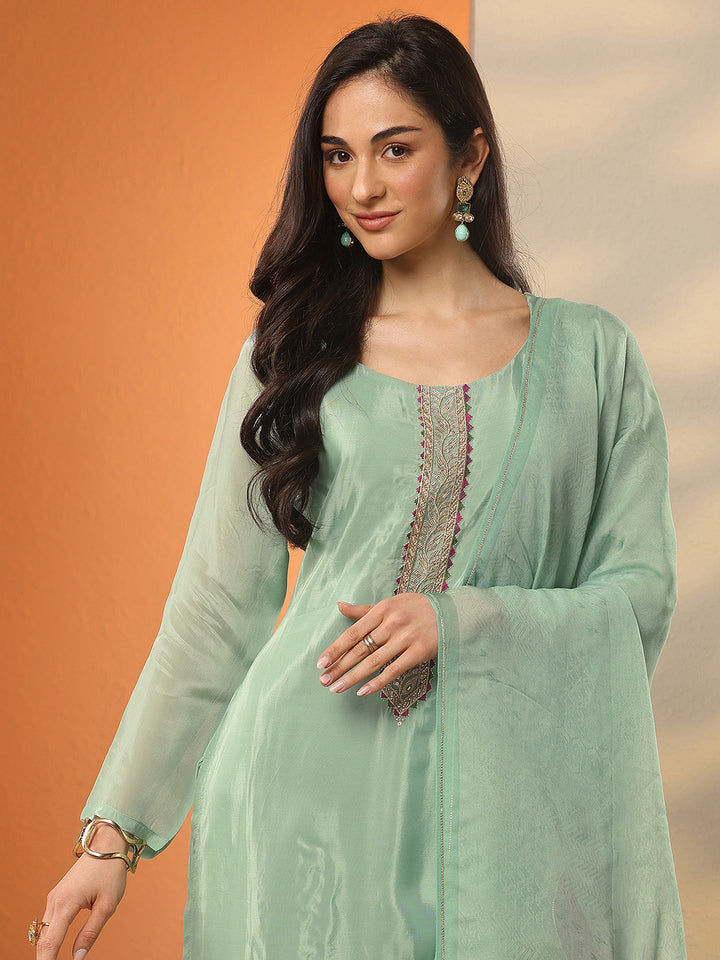 Libas Art Green Embellished Crepe Straight Suit Set With Dupatta