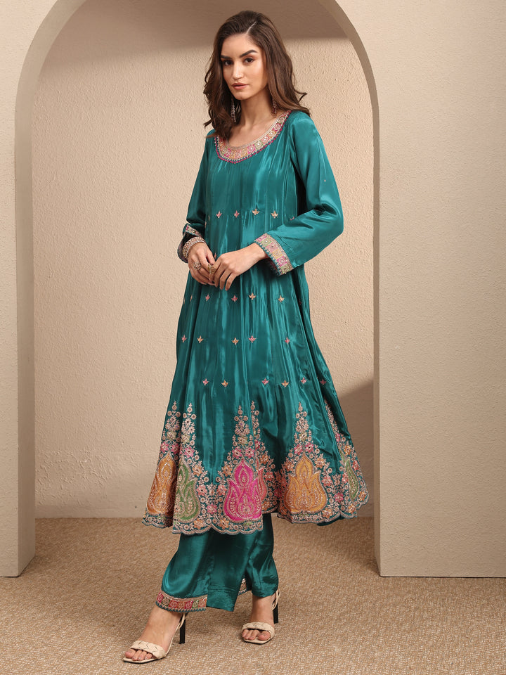 Libas Art Blue Embroidered Crepe Anarkali Suit Set With Dupatta