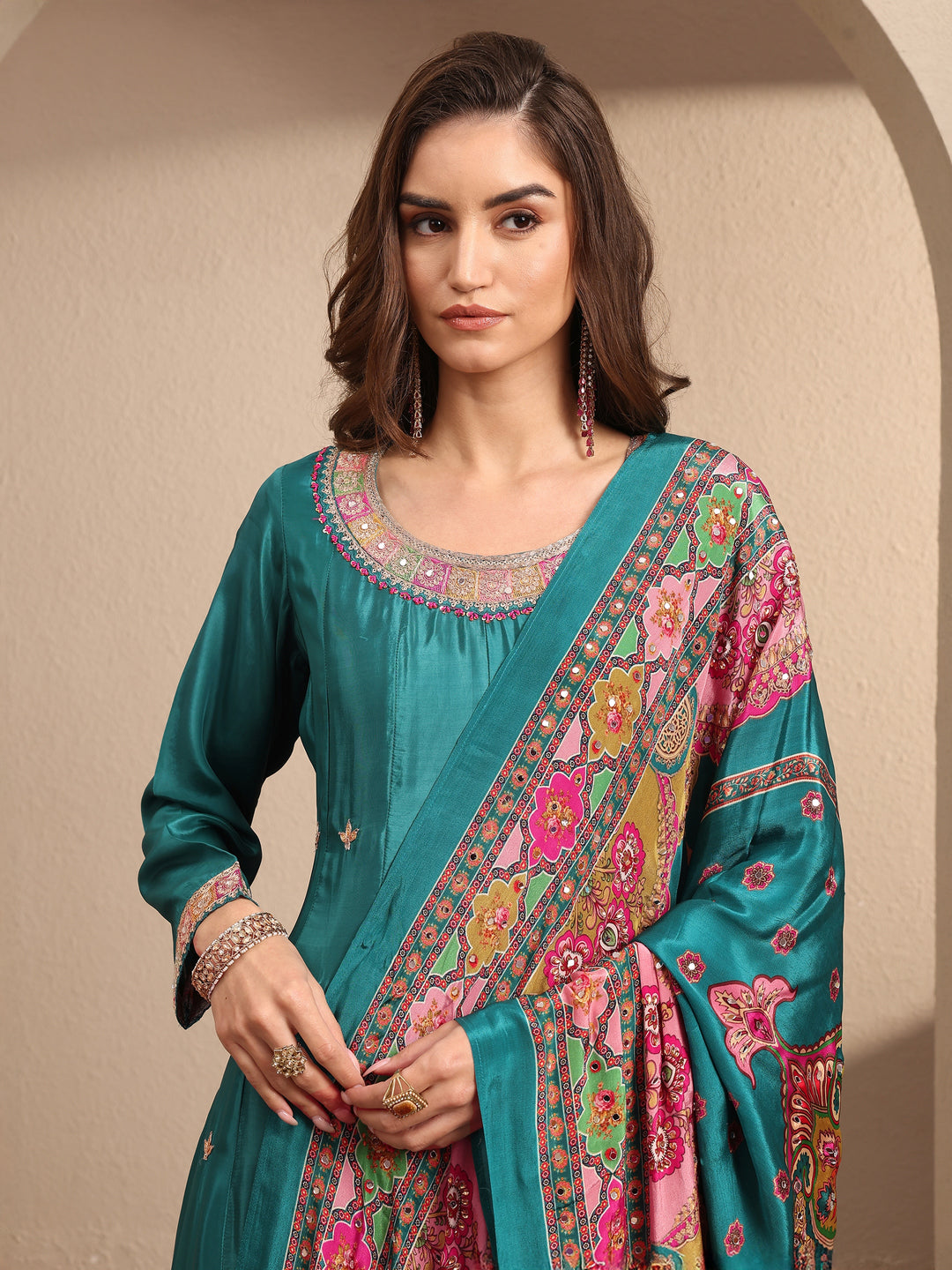 Libas Art Blue Embroidered Crepe Anarkali Suit Set With Dupatta