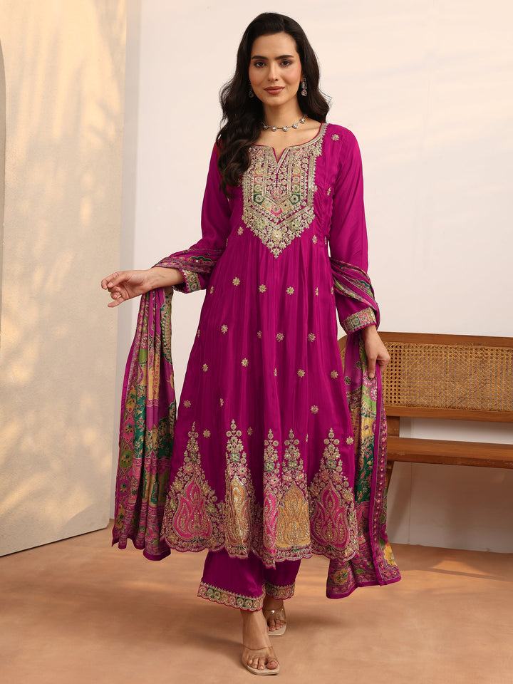 Libas Art Pink Embroidered Crepe Anarkali Suit Set With Dupatta