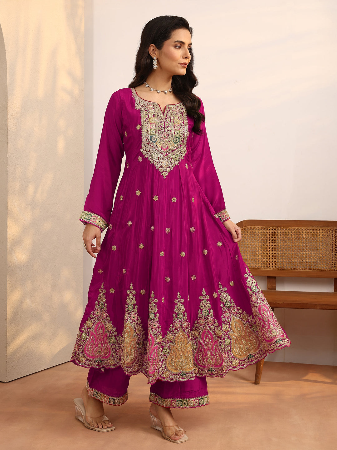 Libas Art Pink Embroidered Crepe Anarkali Suit Set With Dupatta