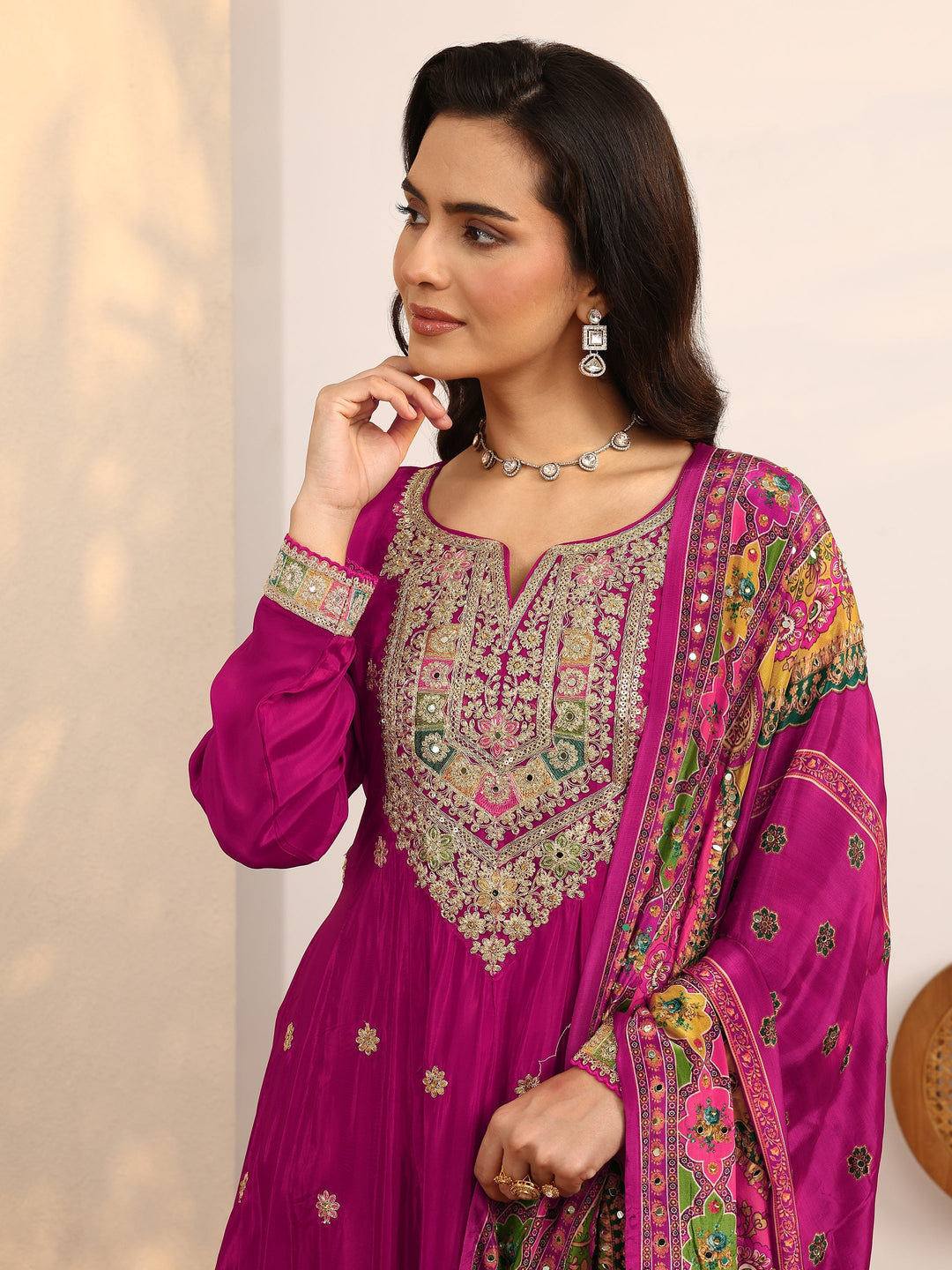 Libas Art Pink Embroidered Crepe Anarkali Suit Set With Dupatta