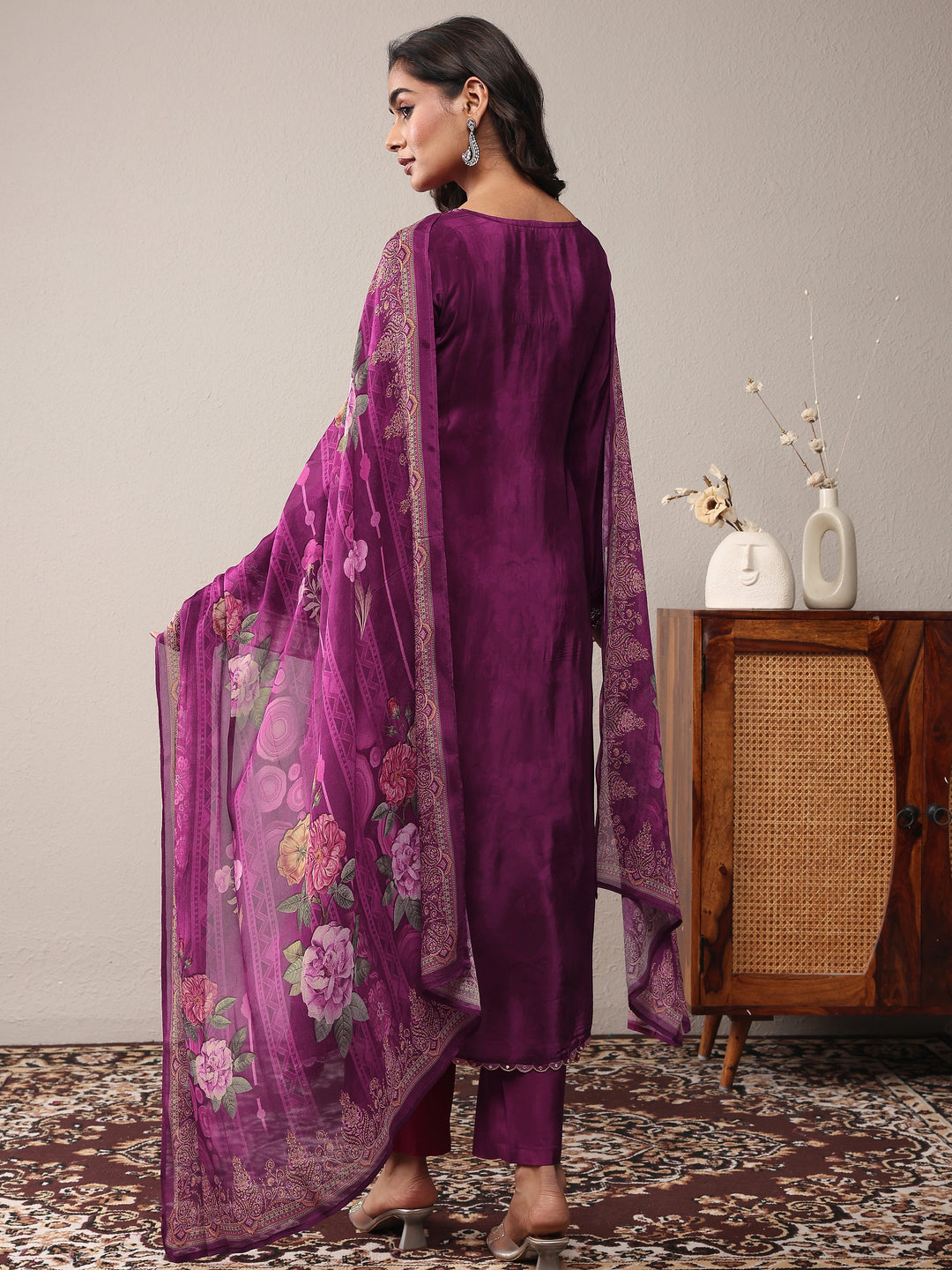 Burgundy Embroidered Silk Crepe A-Line Suit Set With Dupatta