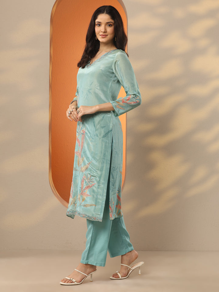 Green Printed Silk Blend Straight Suit Set With Dupatta