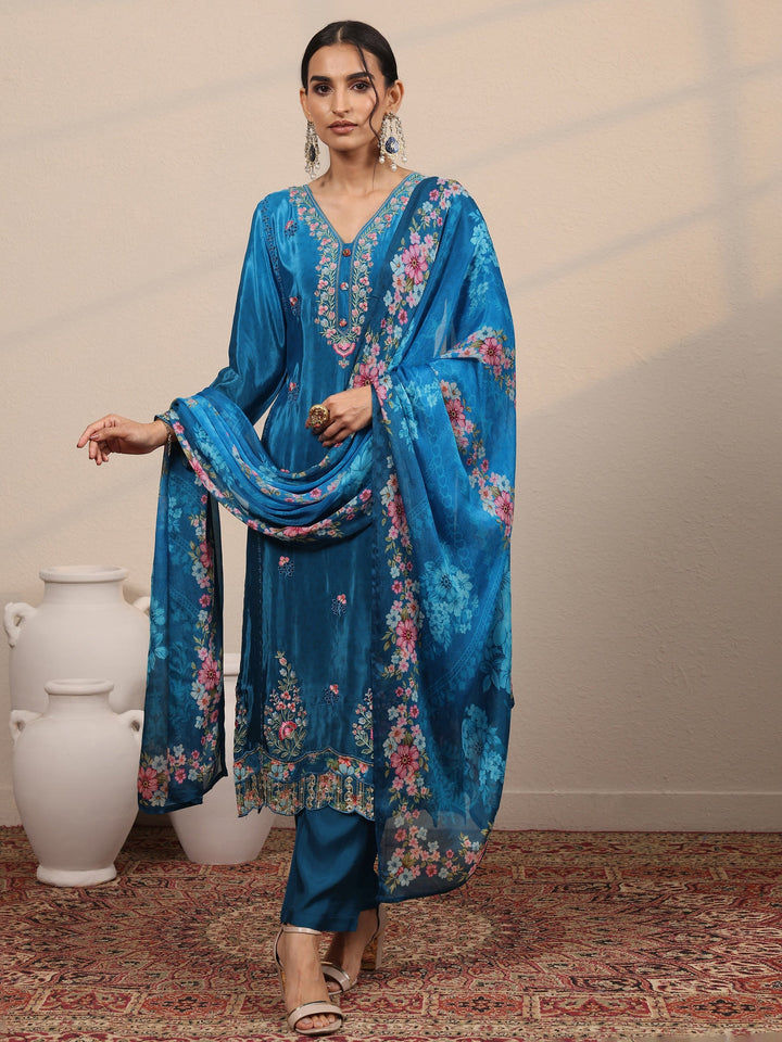 Libas Art Blue Embroidered Crepe Straight Suit Set With Dupatta