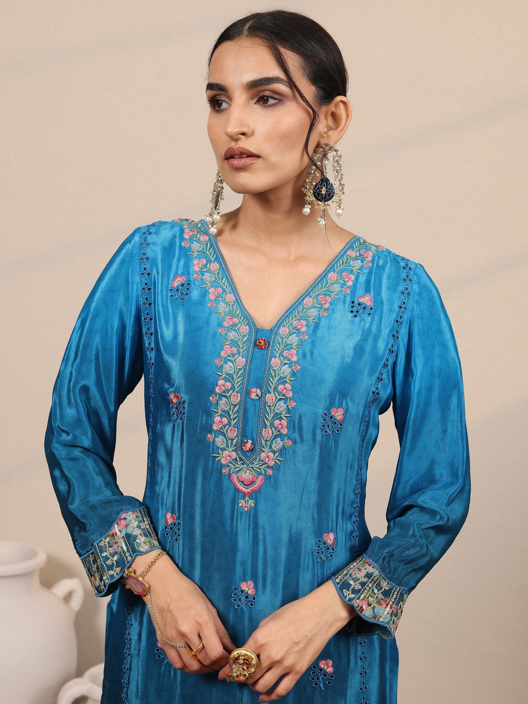 Libas Art Blue Embroidered Crepe Straight Suit Set With Dupatta