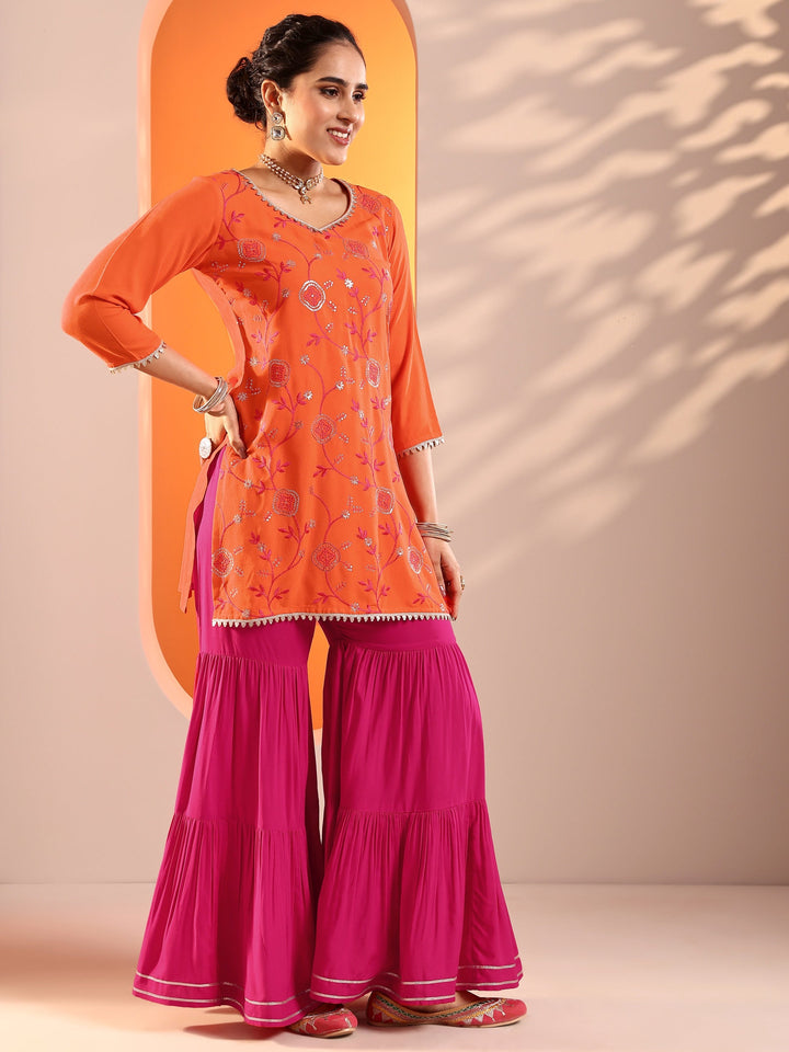 Orange Embroidered Rayon Straight Suit Set With Dupatta