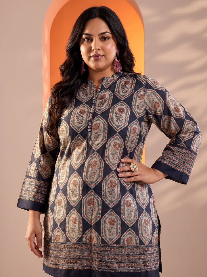 Plus Size Navy Blue Embellished Silk Blend Straight Suit Set With Dupatta