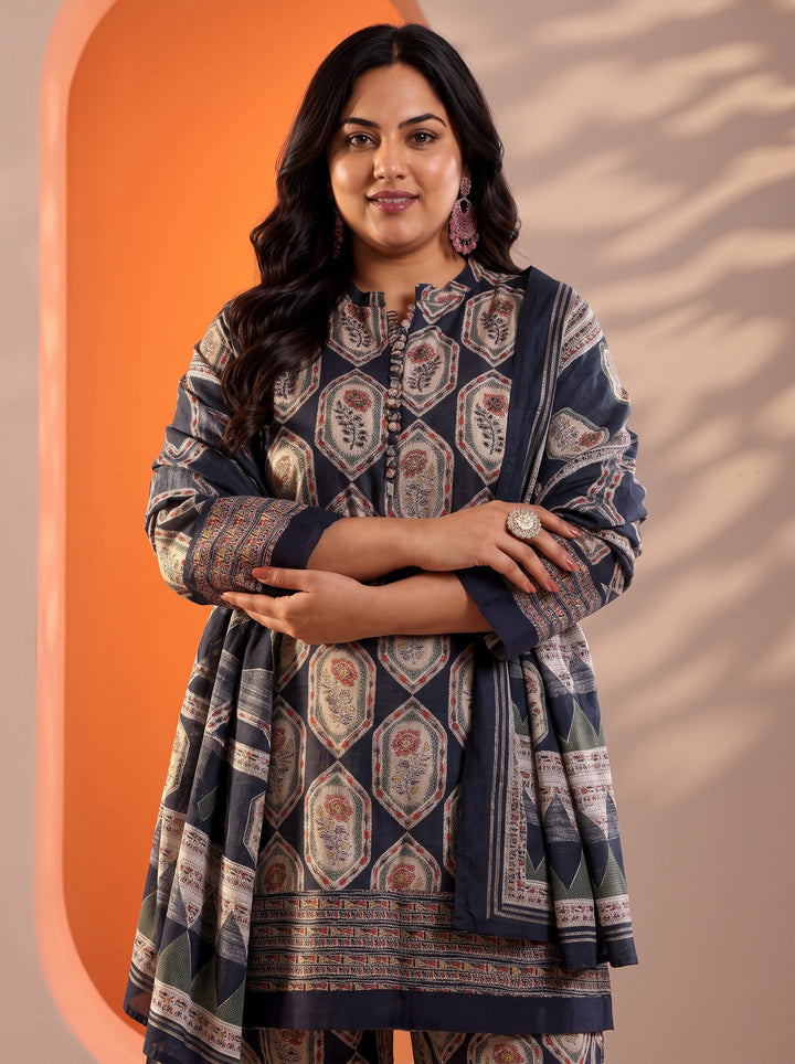 Plus Size Navy Blue Embellished Silk Blend Straight Suit Set With Dupatta