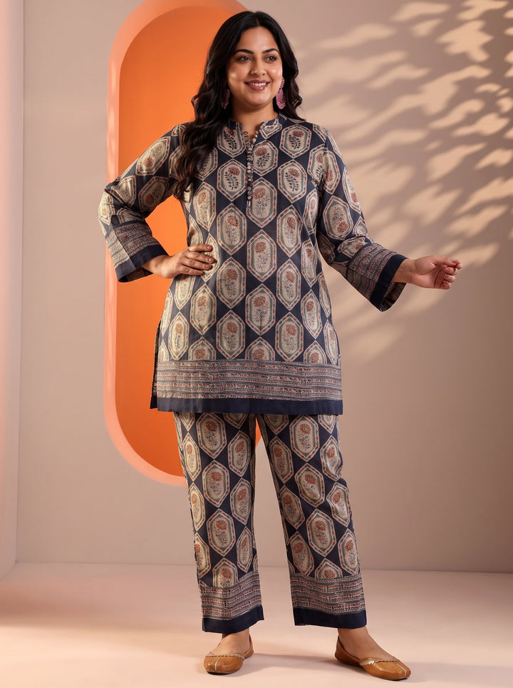 Plus Size Navy Blue Embellished Silk Blend Straight Suit Set With Dupatta