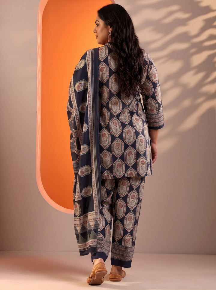 Plus Size Navy Blue Embellished Silk Blend Straight Suit Set With Dupatta