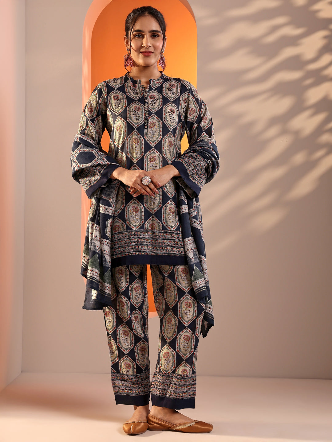 Navy Blue Embellished Silk Blend Straight Suit Set With Dupatta