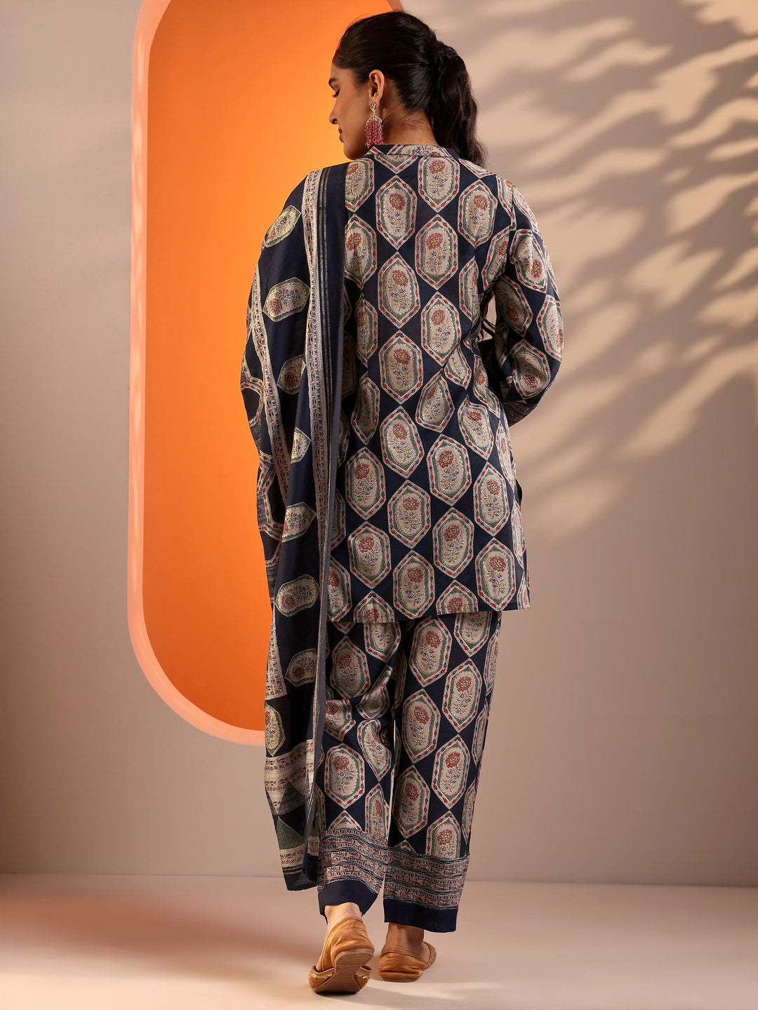 Navy Blue Embellished Silk Blend Straight Suit Set With Dupatta