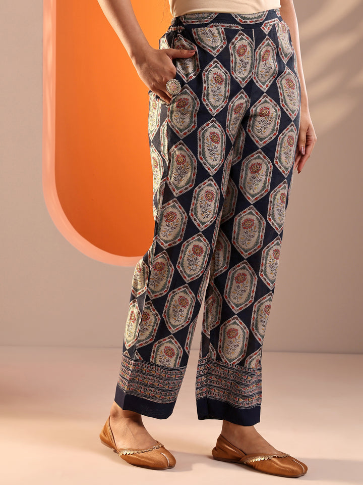 Navy Blue Embellished Silk Blend Straight Suit Set With Dupatta