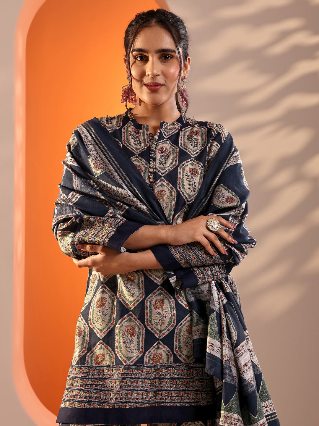 Navy Blue Embellished Silk Blend Straight Suit Set With Dupatta