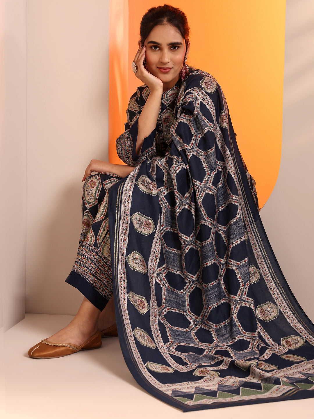 Navy Blue Embellished Silk Blend Straight Suit Set With Dupatta