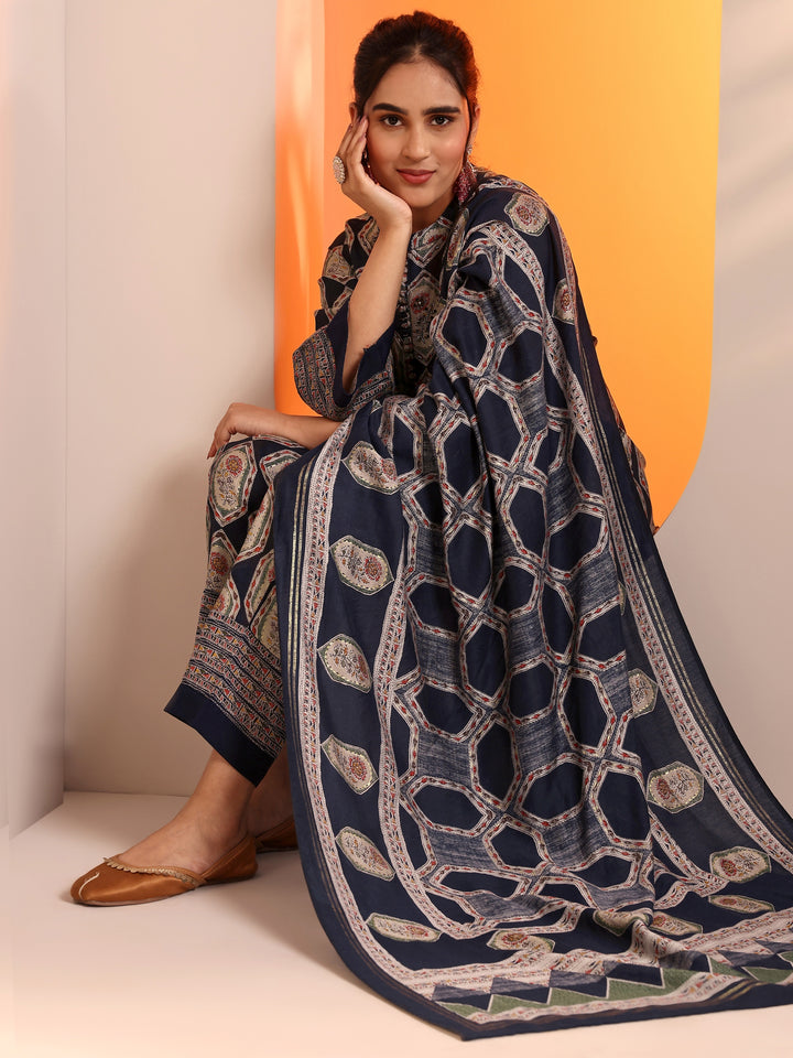 Navy Blue Embellished Silk Blend Straight Suit Set With Dupatta
