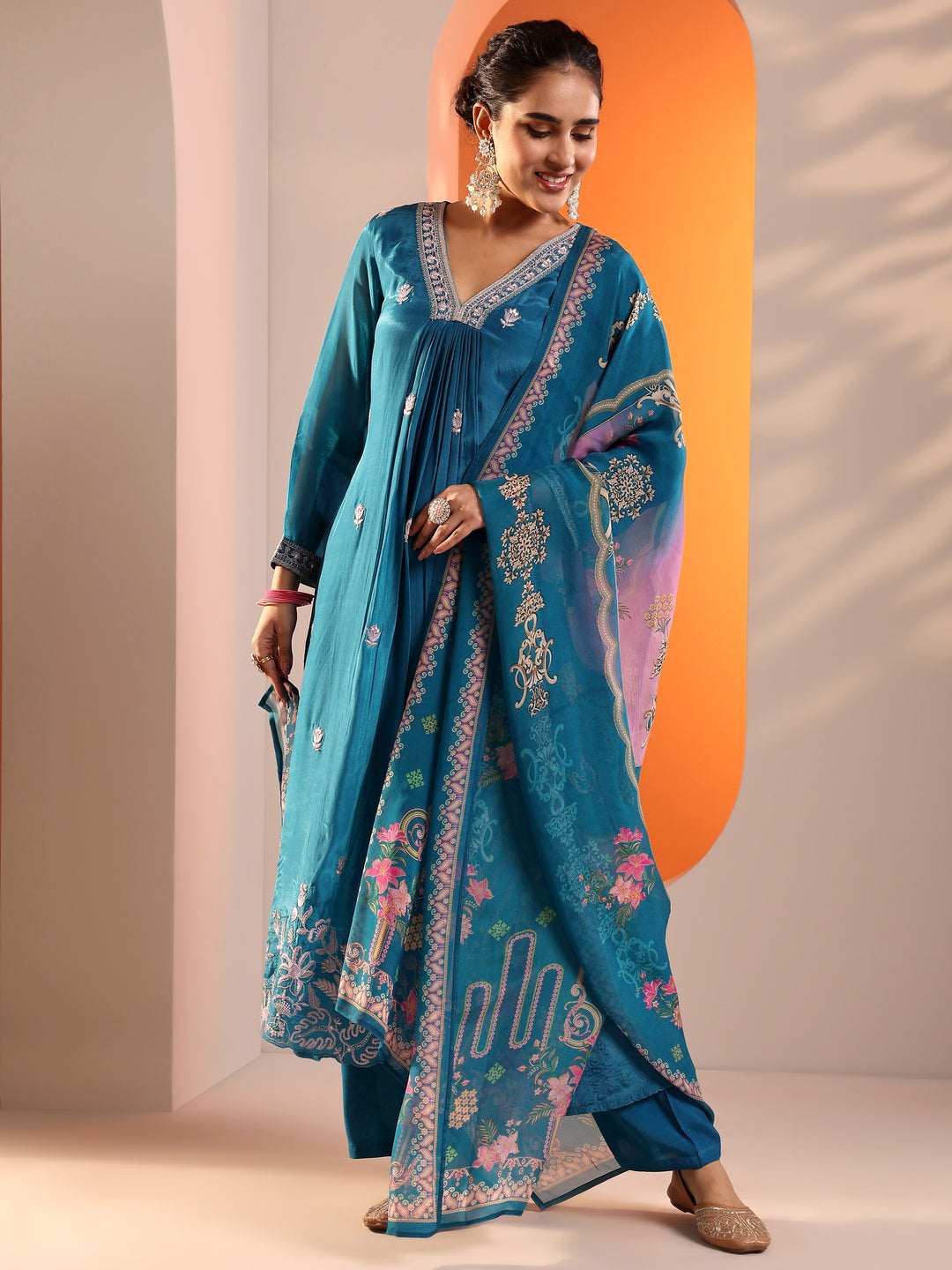 Blue Embellished Crepe A-Line Suit Set With Dupatta