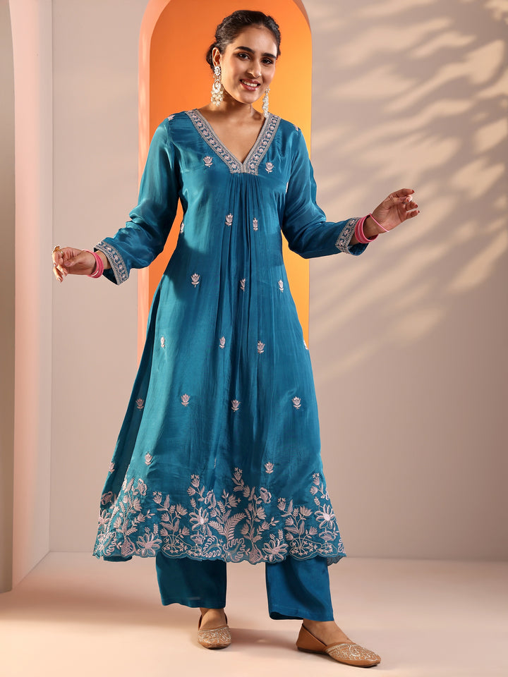 Blue Embellished Crepe A-Line Suit Set With Dupatta