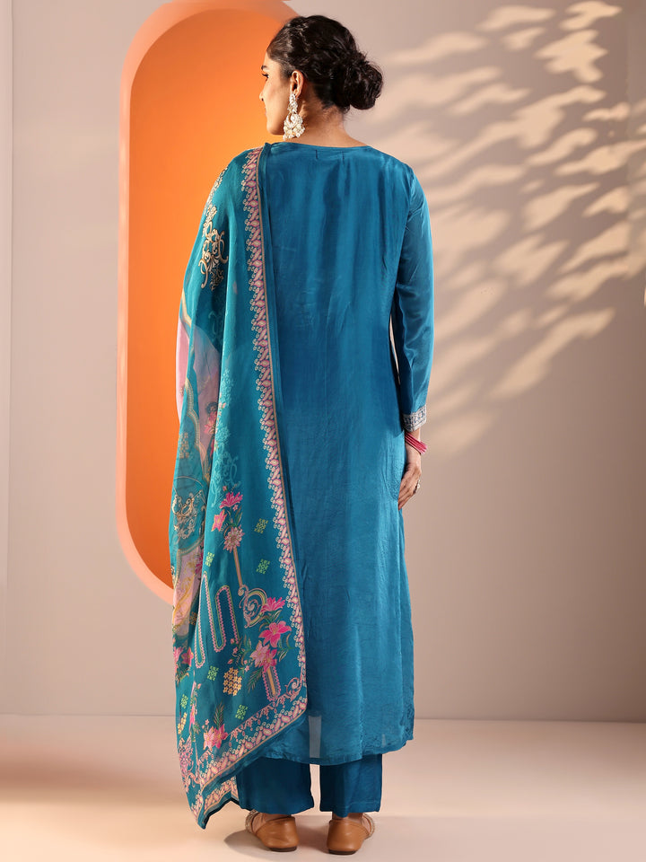 Blue Embellished Crepe A-Line Suit Set With Dupatta