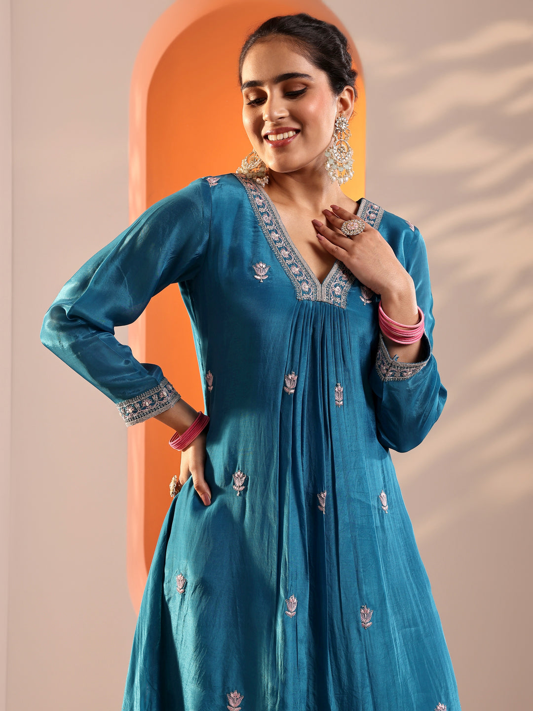 Blue Embellished Crepe A-Line Suit Set With Dupatta