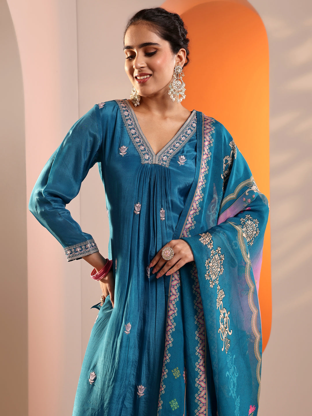 Blue Embellished Crepe A-Line Suit Set With Dupatta