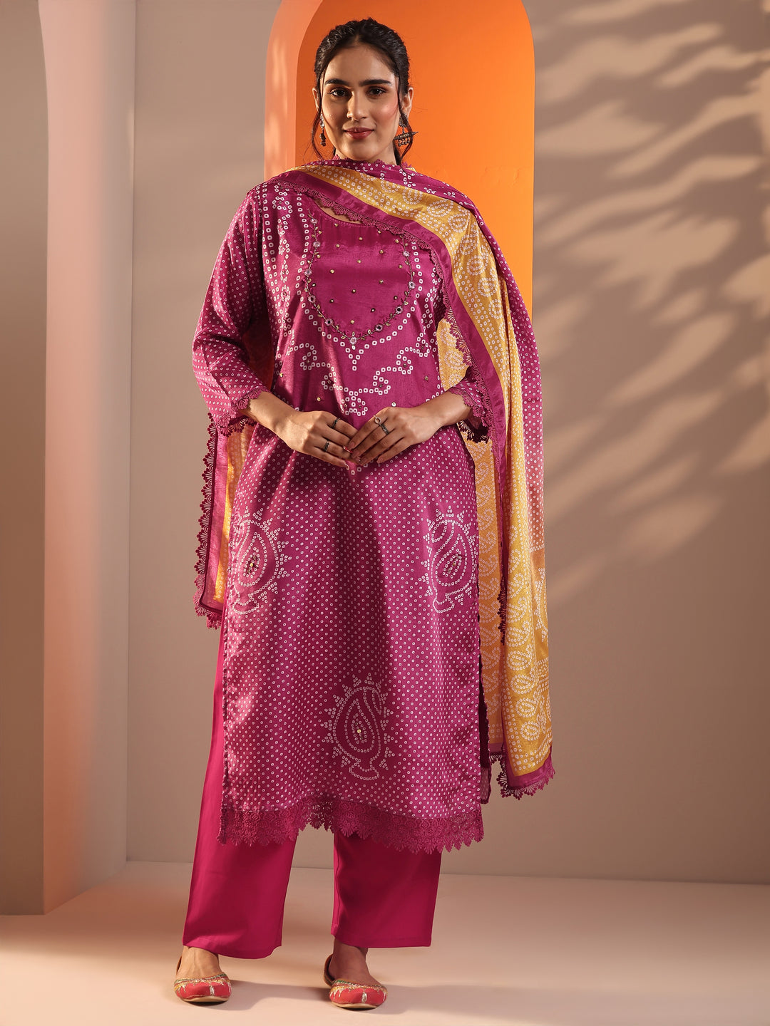 Pink Printed Chinon Straight Suit Set With Dupatta
