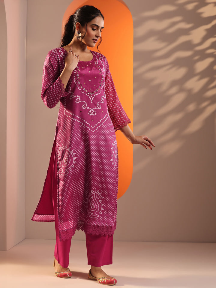 Pink Printed Chinon Straight Suit Set With Dupatta