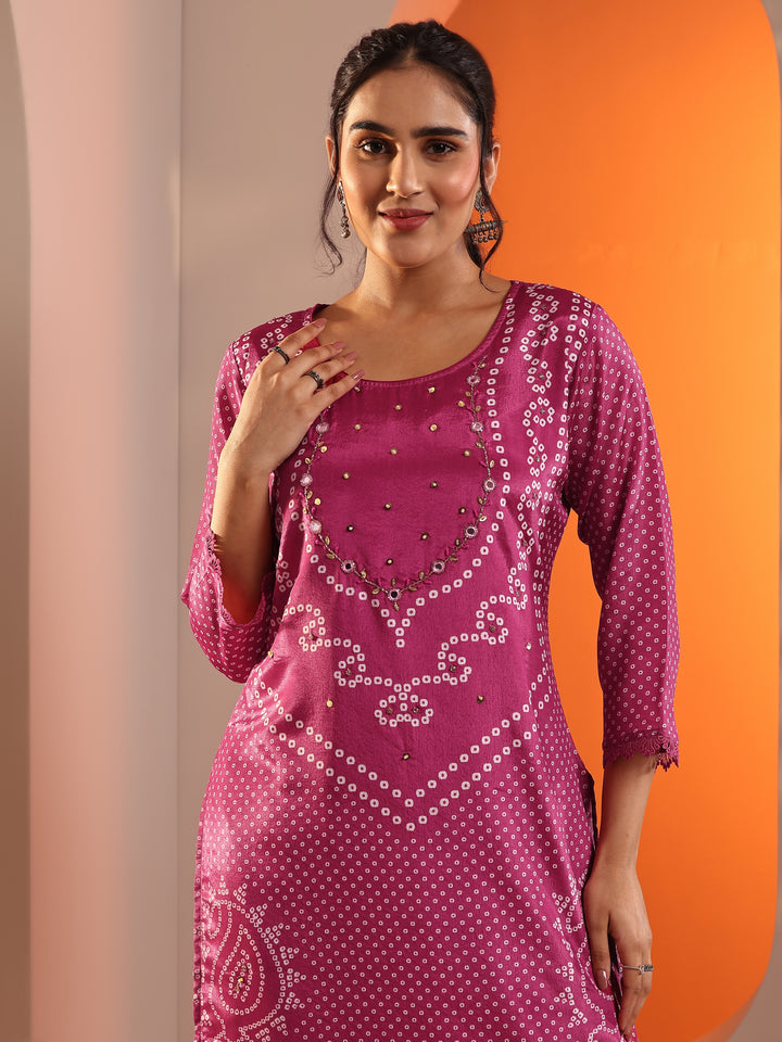 Pink Printed Chinon Straight Suit Set With Dupatta