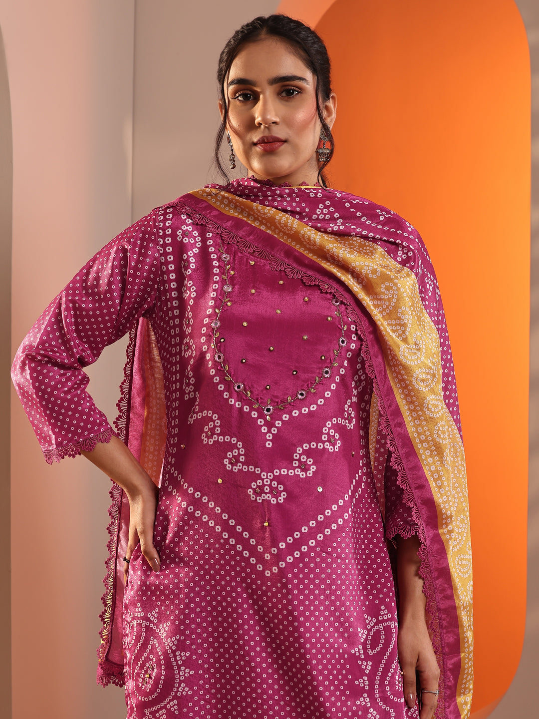 Pink Printed Chinon Straight Suit Set With Dupatta