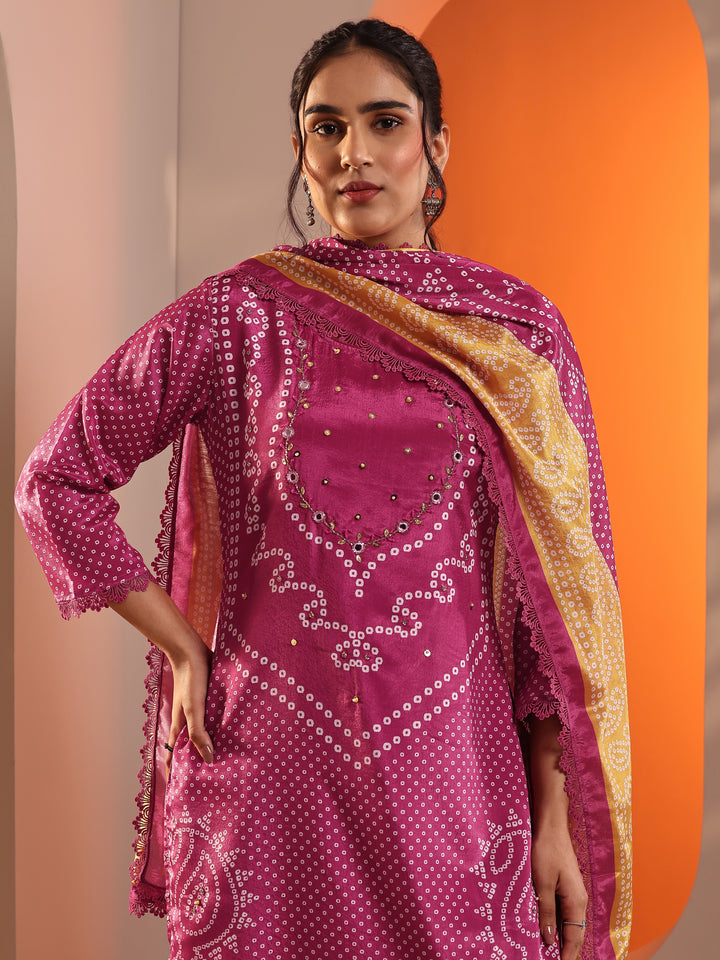 Pink Printed Chinon Straight Suit Set With Dupatta