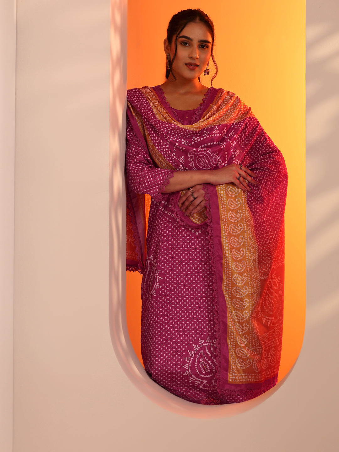 Pink Printed Chinon Straight Suit Set With Dupatta