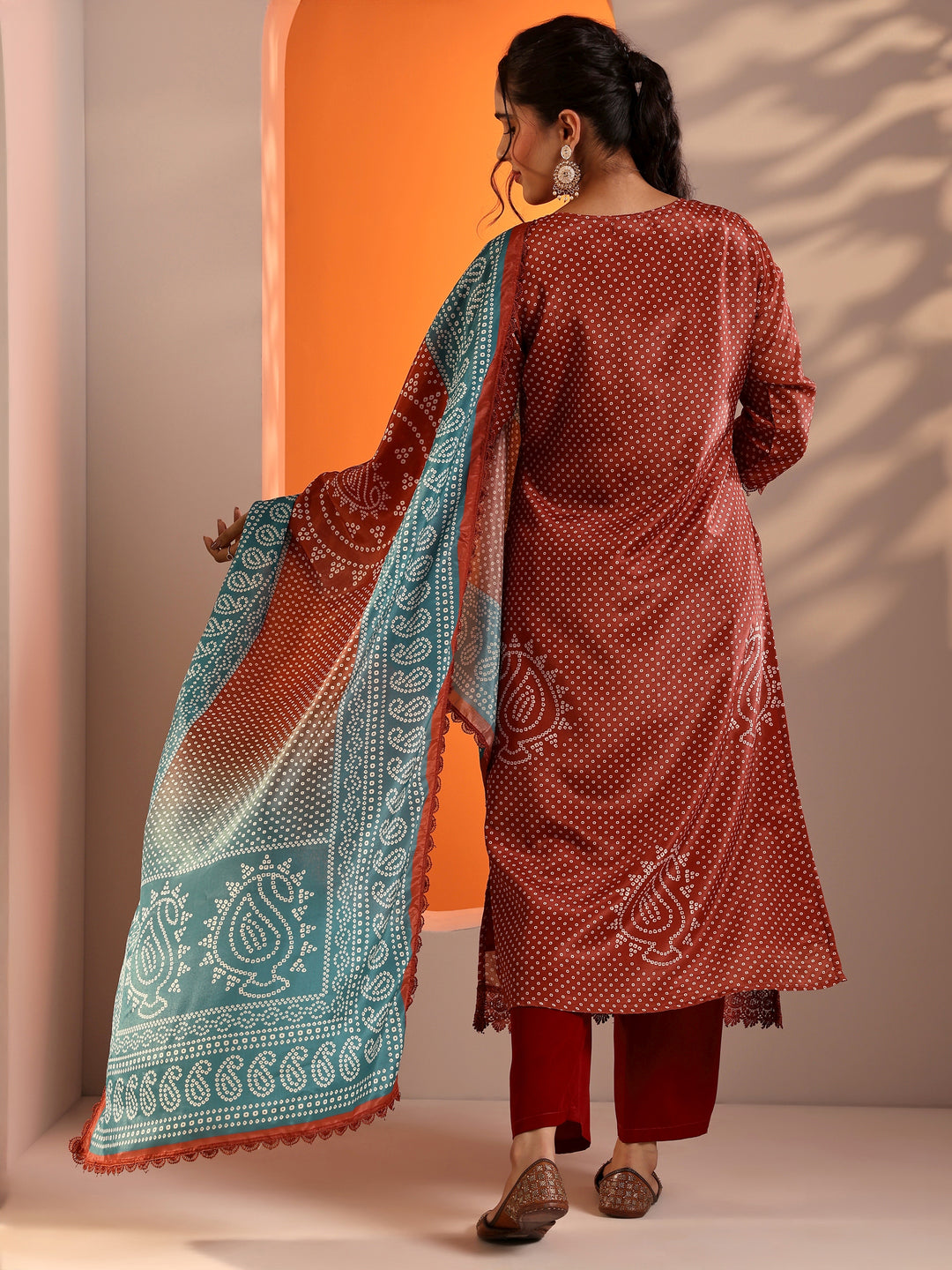 Rust Printed Chinon Straight Suit Set With Dupatta