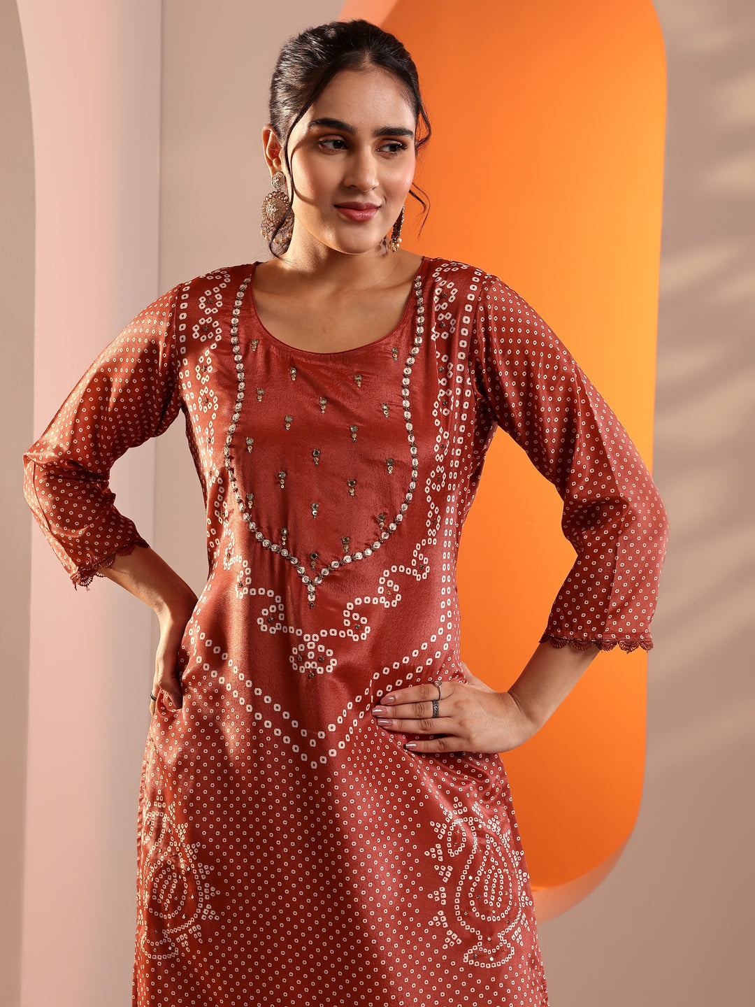 Rust Printed Chinon Straight Suit Set With Dupatta