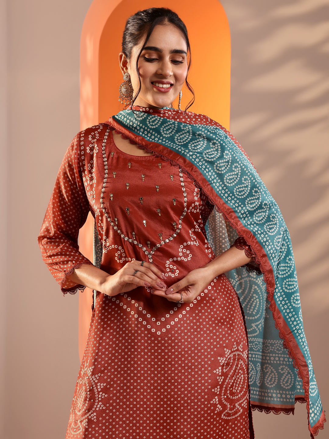 Rust Printed Chinon Straight Suit Set With Dupatta