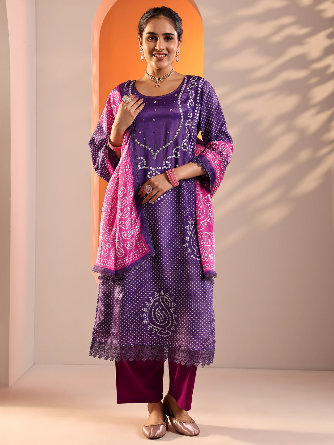Purple Printed Chinon Straight Suit Set With Dupatta