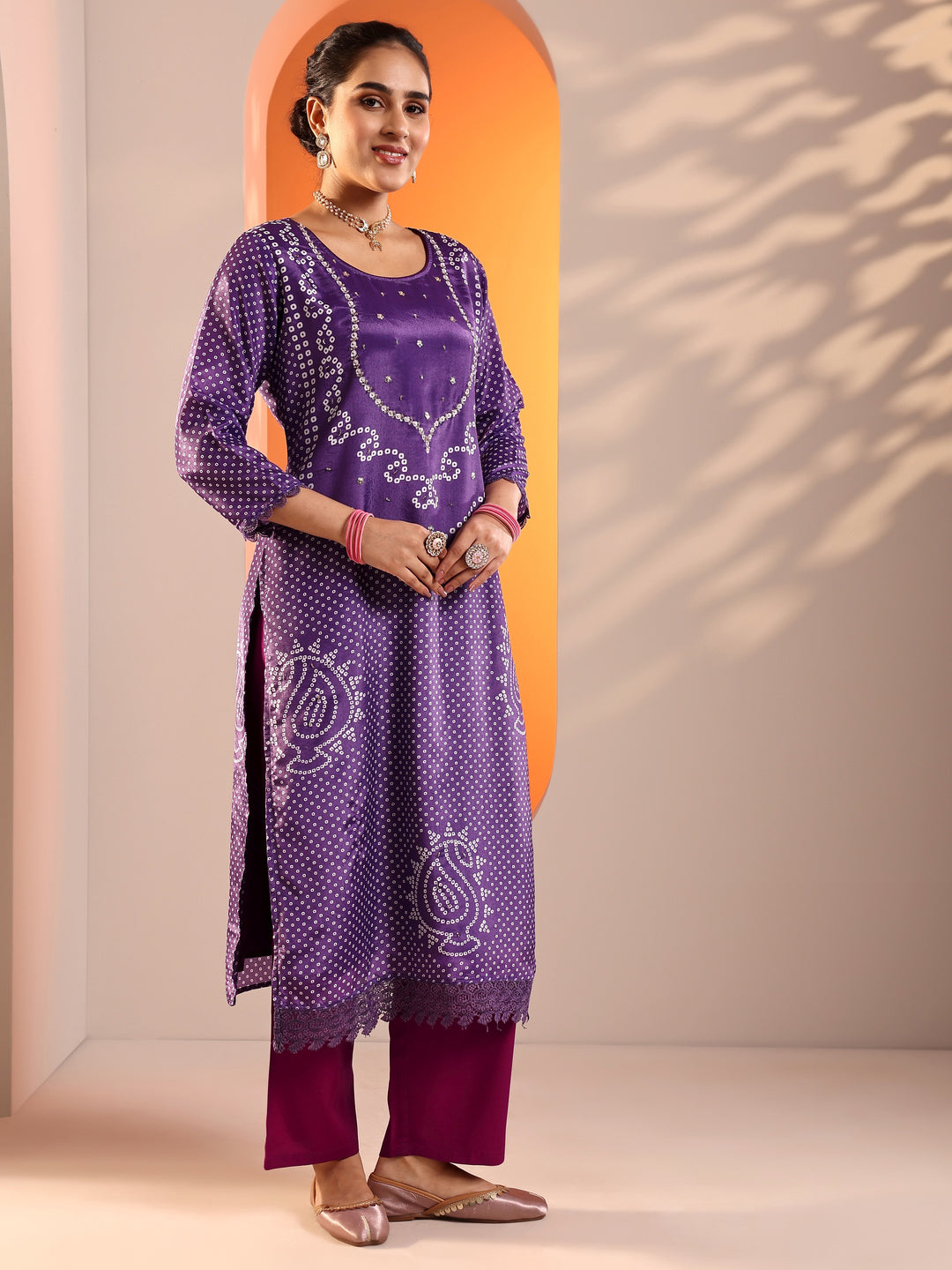 Purple Printed Chinon Straight Suit Set With Dupatta