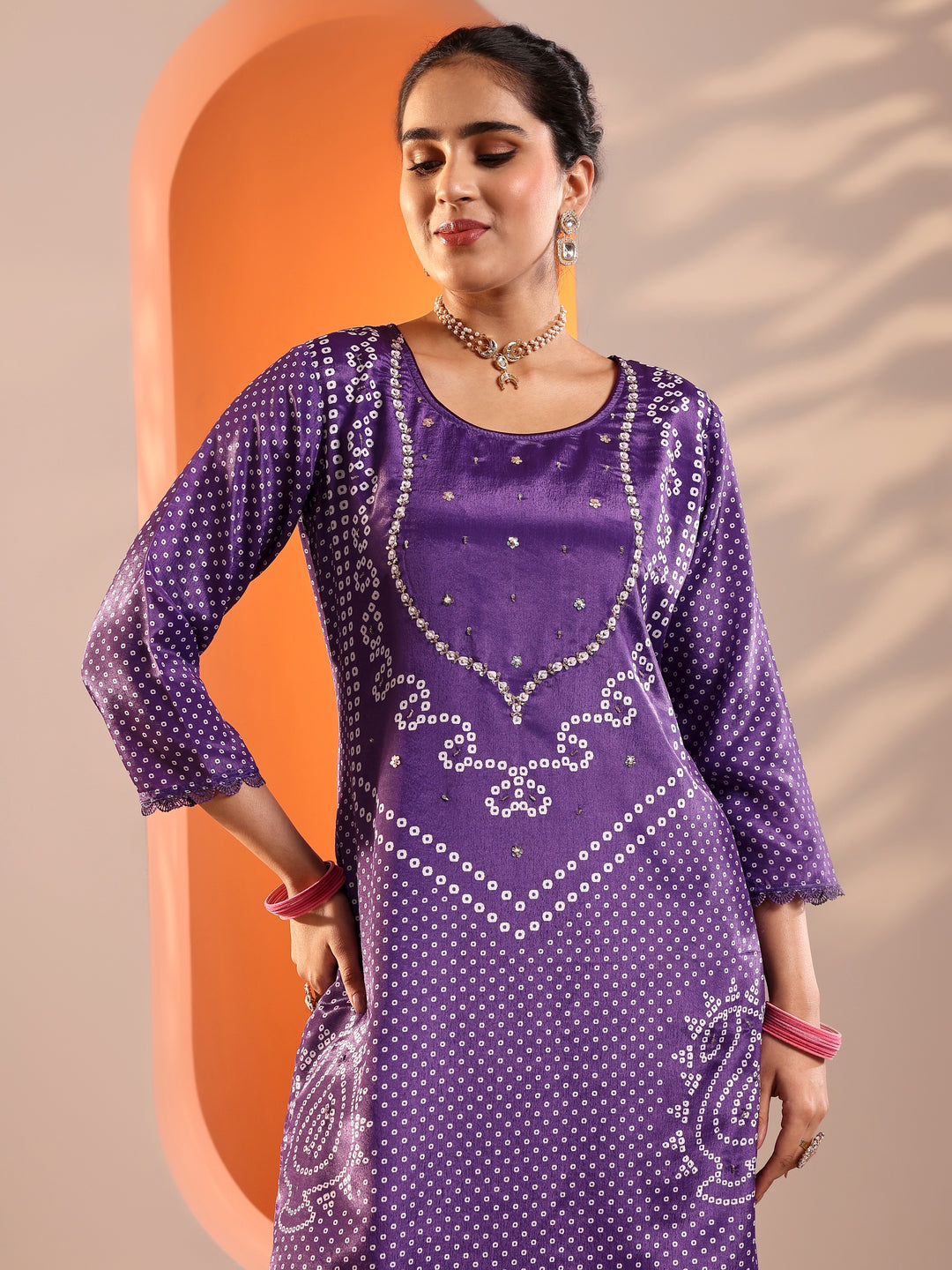 Purple Printed Chinon Straight Suit Set With Dupatta